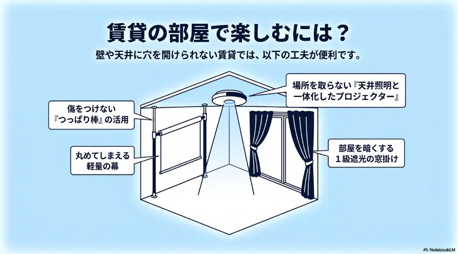 賃貸の部屋でプロジェクターを楽しむための工夫。天井照明一体型プロジェクター、傷をつけないつっぱり棒、丸めてしまえる軽量の幕、部屋を暗くする1級遮光カーテンの配置例を描いたイラスト。