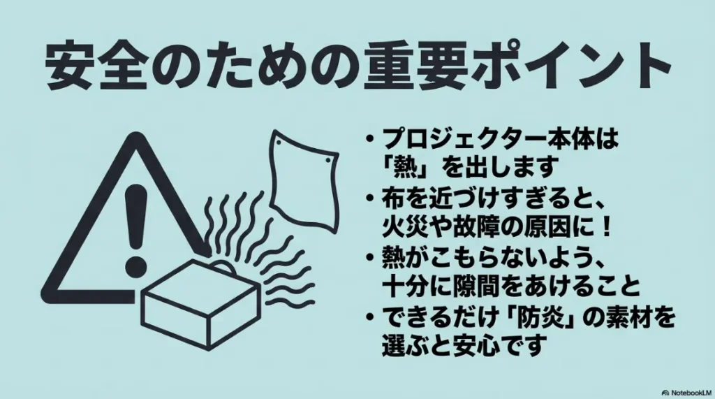 プロジェクターの排気熱による火災防止と、防炎素材選びの重要性