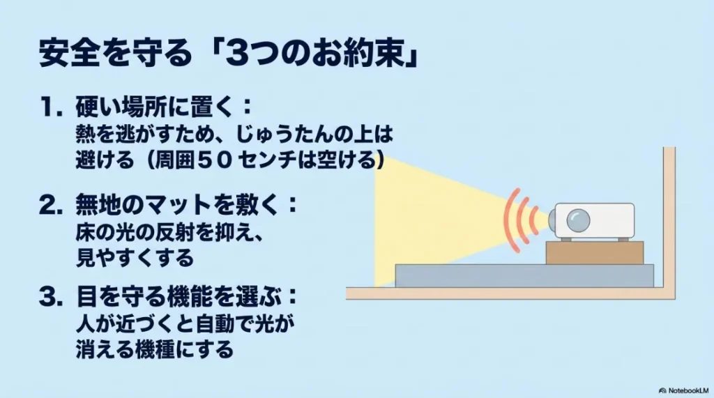 プロジェクターを安全に使うための3つのお約束（硬い場所に置く・無地のマットを敷く・目を守る機能を選ぶ）