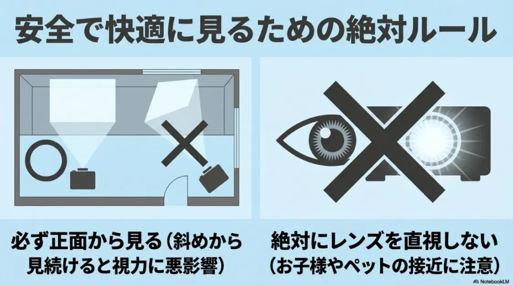 プロジェクターを安全で快適に見るための絶対ルール（必ず正面から見る、絶対にレンズを直視しない）の注意喚起イラスト