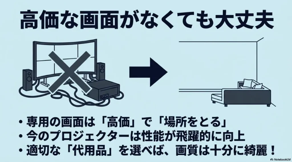 プロジェクターの性能向上により、専用画面がなくても適切な代用品で綺麗に投影できる解説