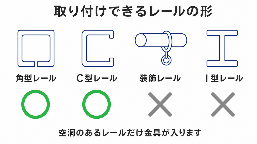 カーテンレールの形状別にスクリーンを取り付けられるかを示した図