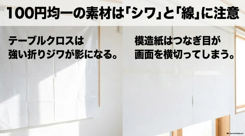 100均のテーブルクロスと模造紙をプロジェクタースクリーンに代用するときの注意点
