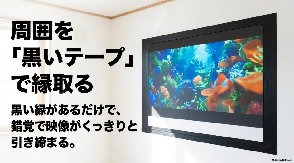 プロジェクターの投影範囲を黒いテープで縁取り映像を見やすくする方法