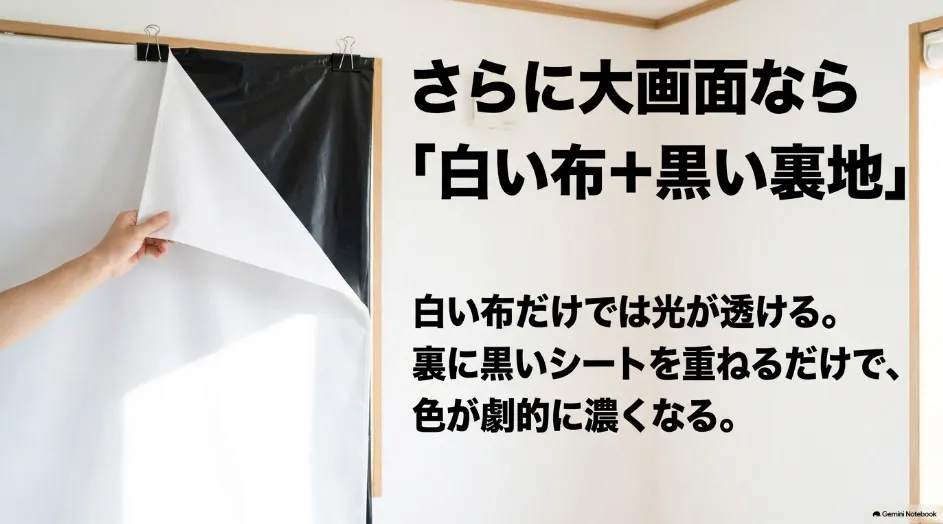白い布の裏に黒いシートを重ねてプロジェクタースクリーンを代用する方法