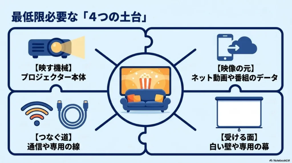 プロジェクター本体、映像の元、つなぐ道、受ける面の「4つの土台」をパズル形式で示した図解
