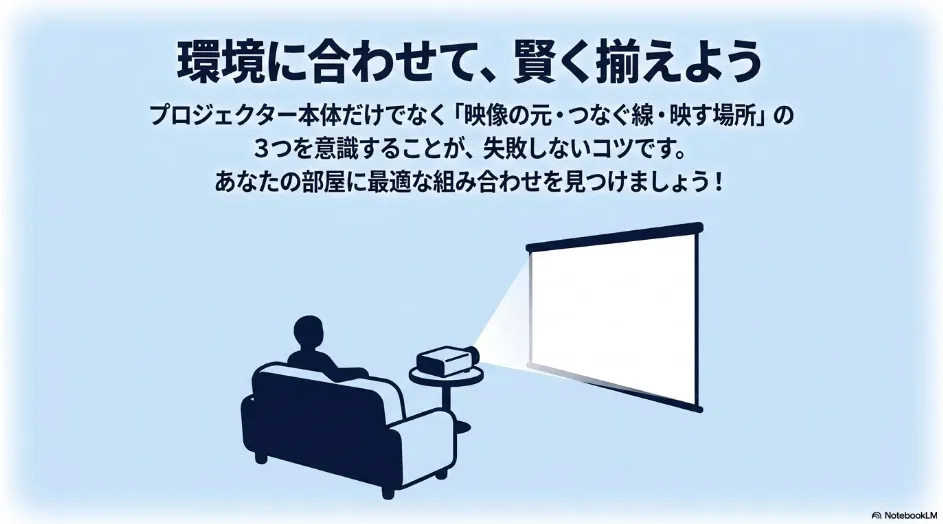 まとめスライド。プロジェクター本体だけでなく「映像の元・つなぐ線・映す場所」の3つを意識し、自分の環境に合わせて賢く揃えることを促すイラスト。