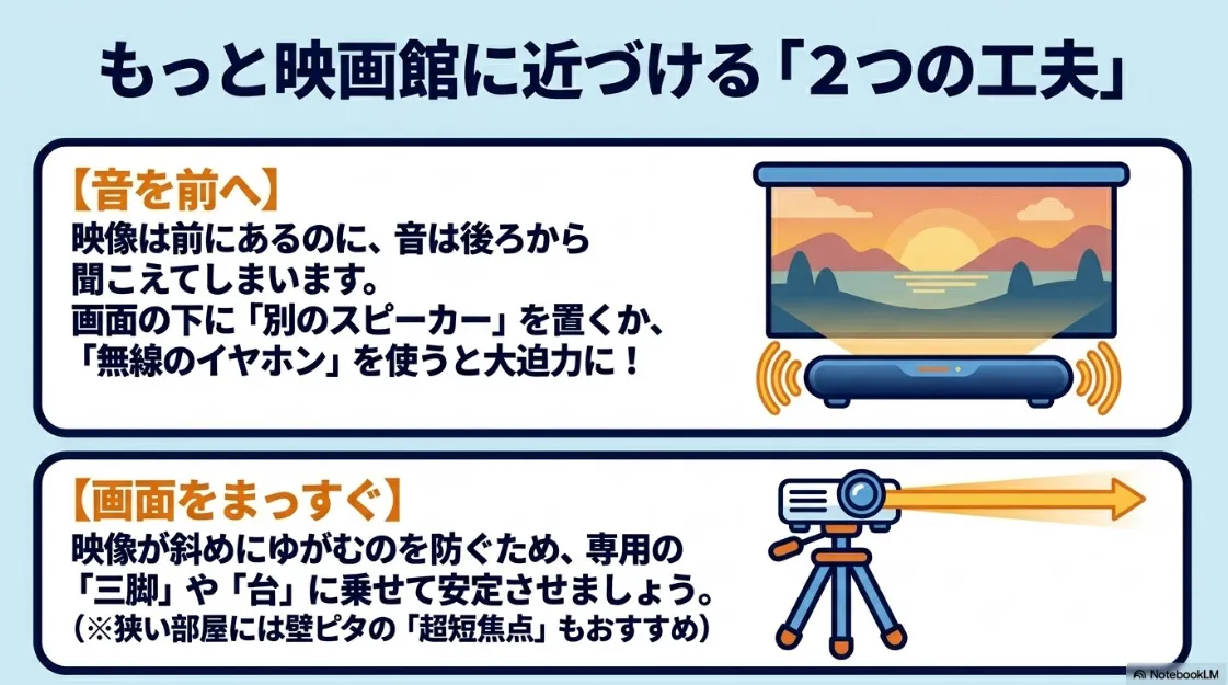 外部スピーカーでの音響改善と、三脚による画面の歪み防止、超短焦点モデルの利点を解説したスライド