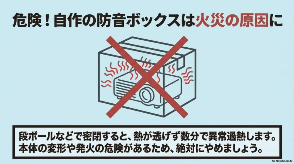プロジェクターの自作防音ボックスによる異常過熱と火災リスクの警告