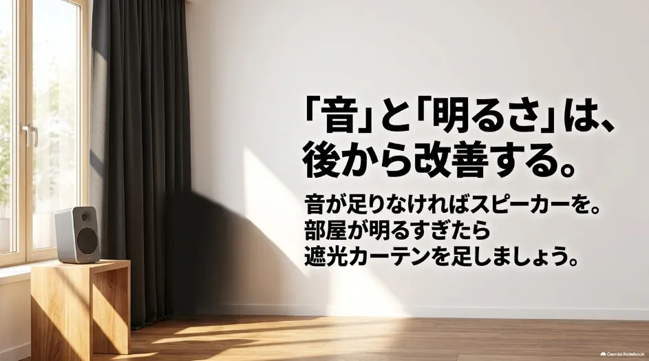 プロジェクターの音が足りない場合はスピーカー、部屋が明るい場合は遮光カーテンを後から追加する考え方