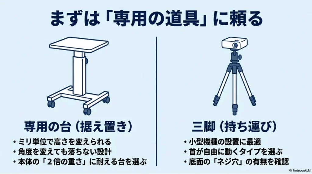 専用スタンドと三脚による高さ調整方法を比較した図解