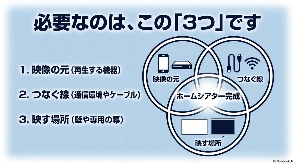 ホームシアター完成に必要な3つの要素として「1.映像の元(再生する機器)」「2.つなぐ線(通信環境やケーブル)」「3.映す場所(壁や専用の幕)」の重なりを示したベン図。