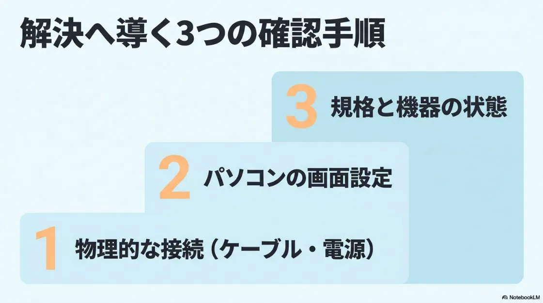 プロジェクターのトラブル解決へ導く3つの確認手順（物理的な接続、画面設定、規格と機器の状態）をまとめた概要スライド。