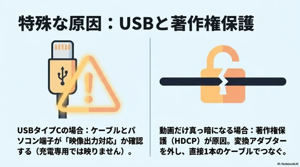 USB Type-Cの映像出力対応の確認と、動画だけ映らないHDCP問題の解決策をまとめた特殊原因解説スライド。