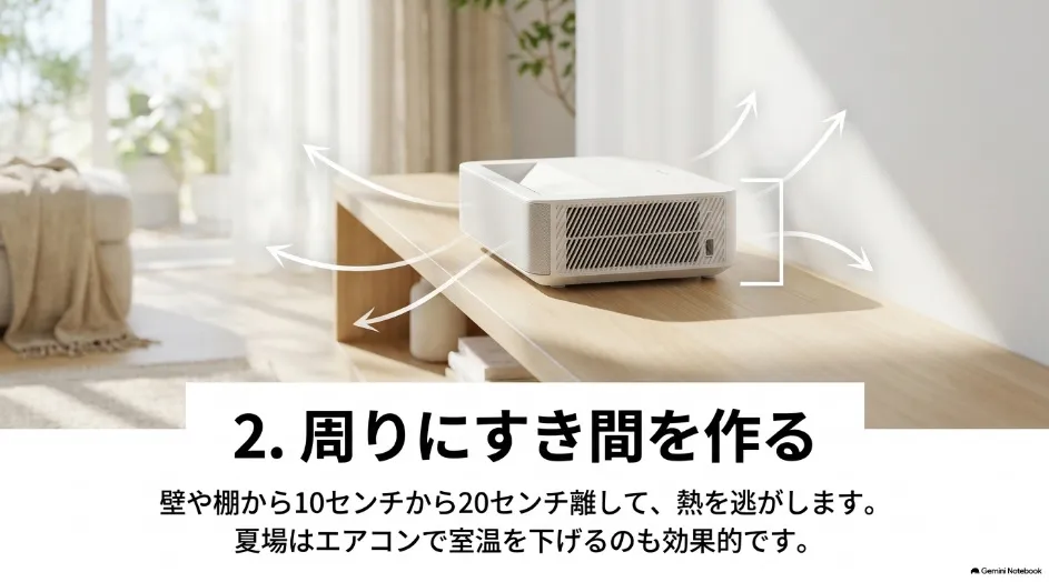 プロジェクターの周囲に空間を作り排熱を良くしてファン音を抑える設置方法