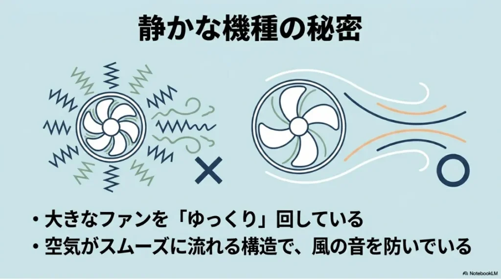 大きなファンをゆっくり回し、スムーズな空気の流れで風切り音を防ぐ静音設計の仕組み