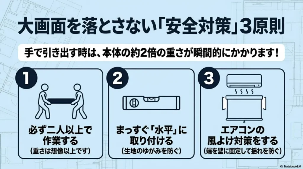 大画面スクリーンを落とさないための安全対策3原則。二人以上での作業、水平の確保、エアコンの風よけ対策