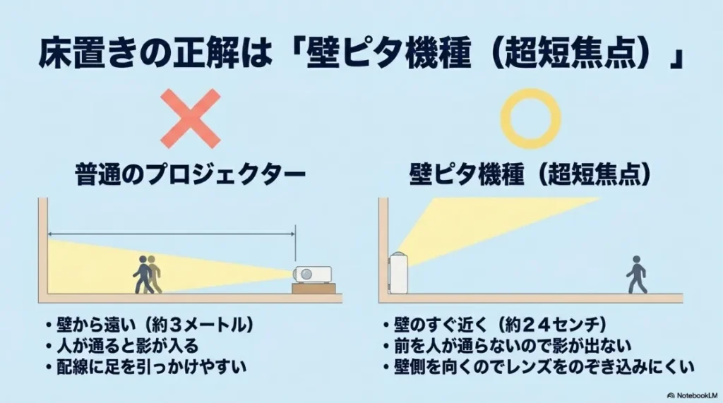 普通のプロジェクターと壁ピタ機種（超短焦点モデル）の床置きにおける設置比較