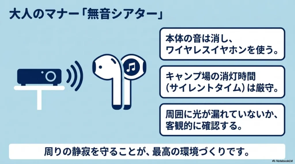 キャンプ場でのプロジェクター利用マナーを解説。ワイヤレスイヤホン活用や消灯時間厳守など静かな鑑賞方法を紹介している。