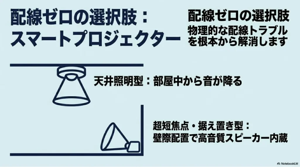 物理的な配線トラブルを根本から解消するスマートプロジェクターの選択肢として、部屋中から音が降る「天井照明型」と、壁際配置で高音質スピーカーを内蔵した「超短焦点・据え置き型」を紹介するスライド。