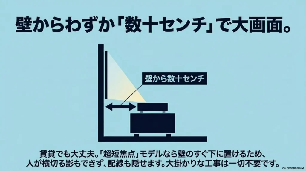 壁からわずか数十センチで大画面を実現する、賃貸にもおすすめな超短焦点モデル