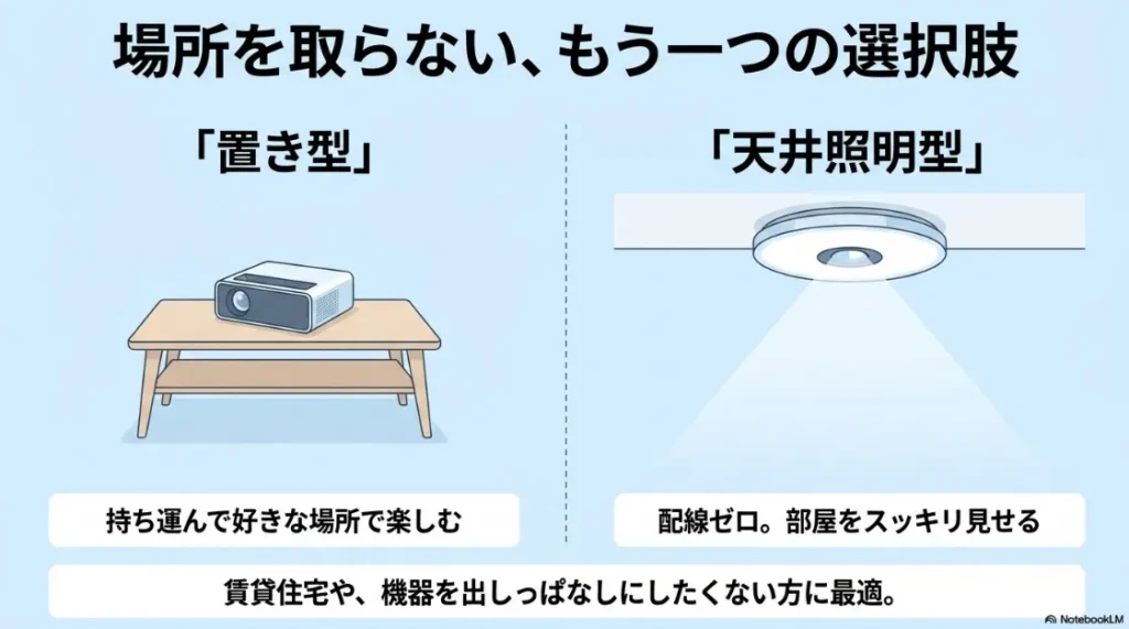 置き型のXGIMIと天井照明型のAladdin Xの比較。設置スタイルや用途の違いのまとめ。