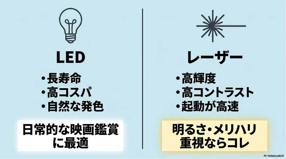 小型プロジェクターにおけるLED光源とレーザー光源のメリット比較