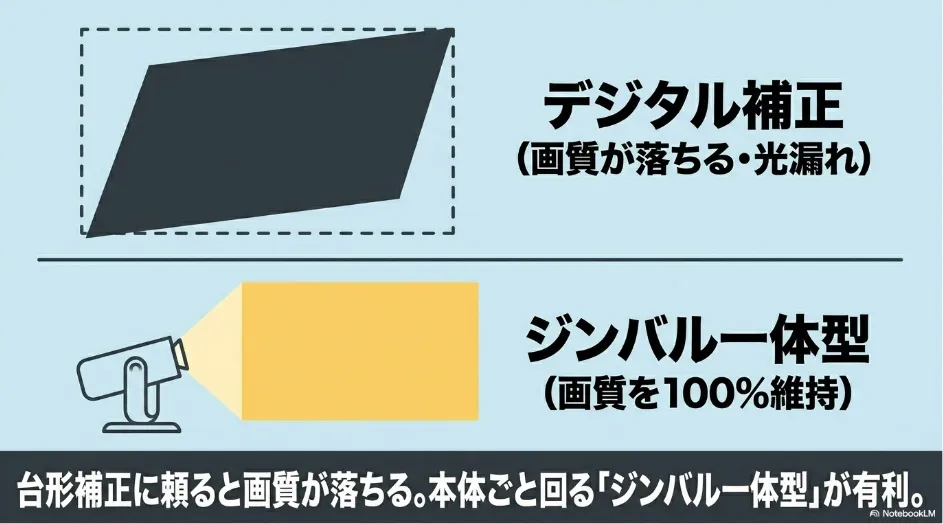 デジタル台形補正による画質低下とジンバル一体型の優位性
