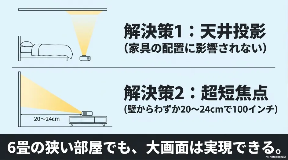 狭い部屋でも大画面を実現する天井投影と超短焦点プロジェクター
