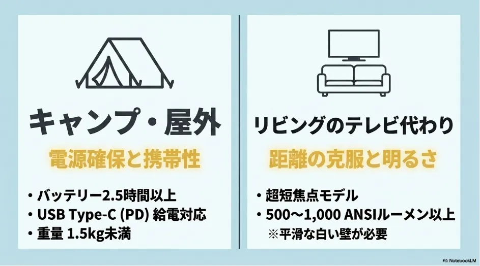 キャンプなどの屋外用途とリビング代替用途で必要なスペック