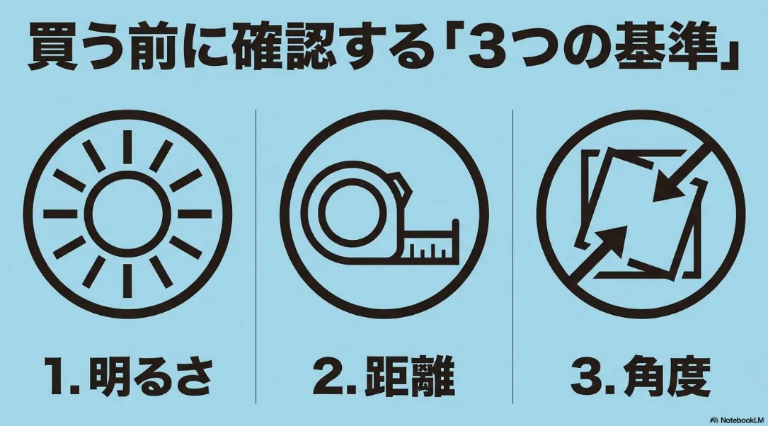 買う前に確認する3つの基準である明るさ、距離、角度