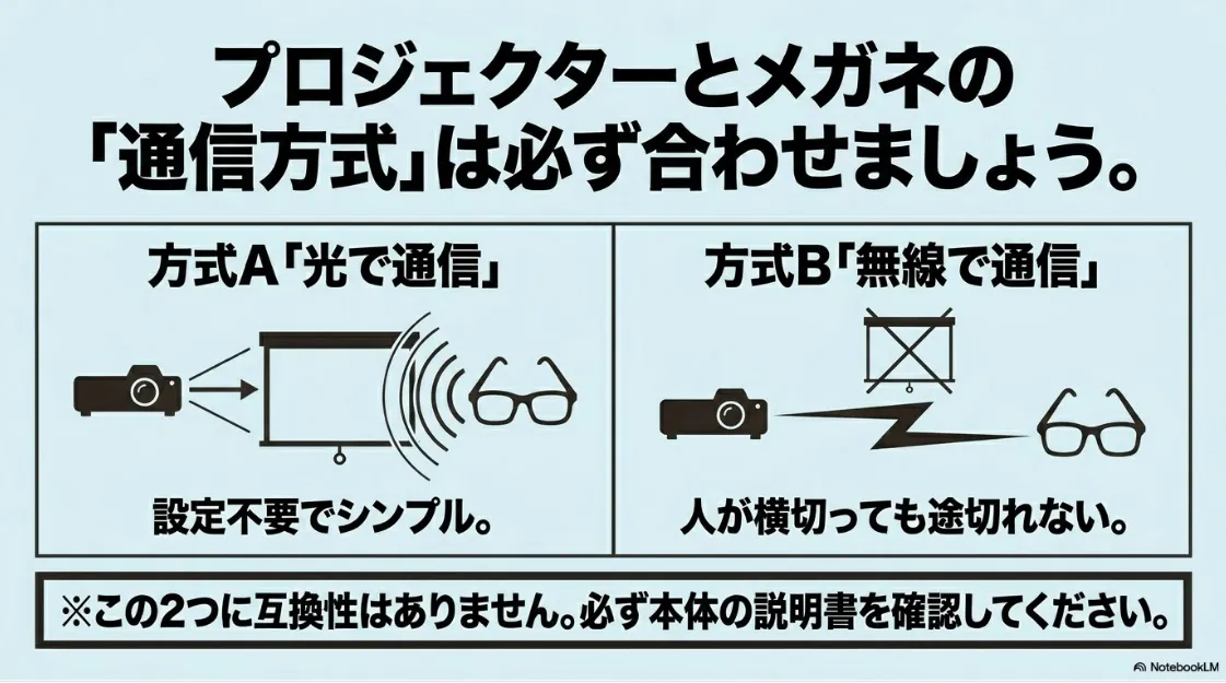 DLP-Link方式とRF・Bluetooth方式の通信方法の違いを説明した図