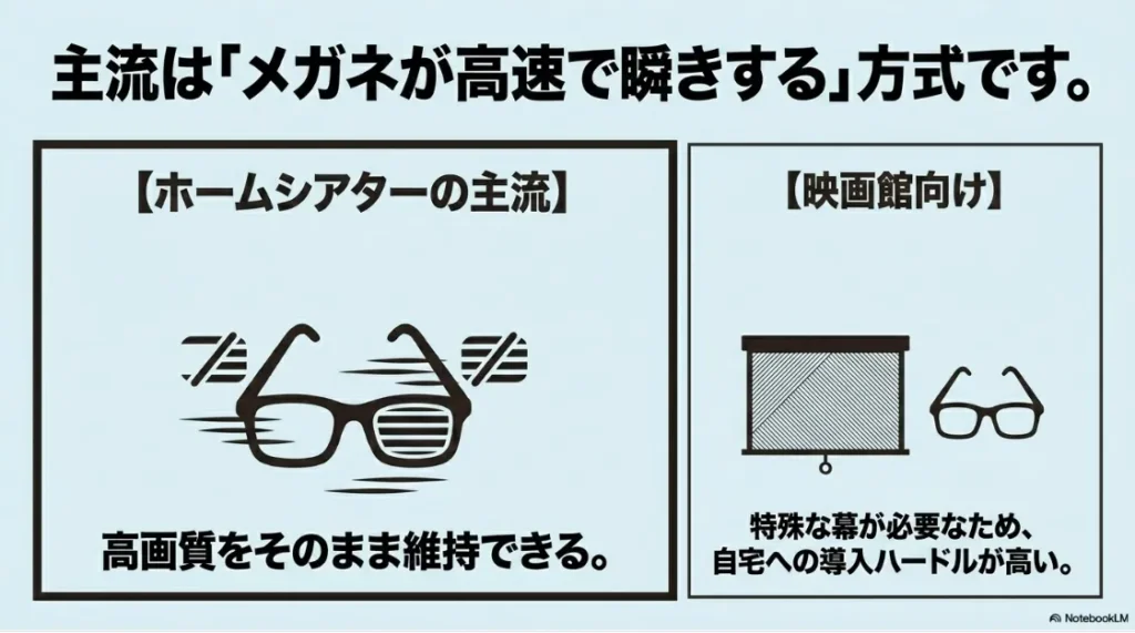 アクティブシャッター方式とパッシブ偏光方式の違いを比較した図解