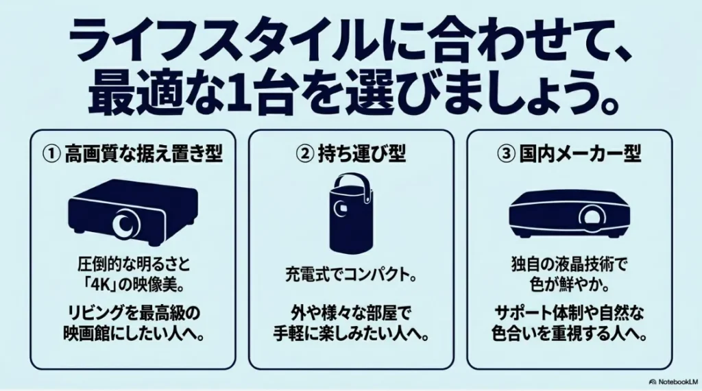 利用シーン別に最適な3D対応プロジェクターを選ぶポイントを解説した図