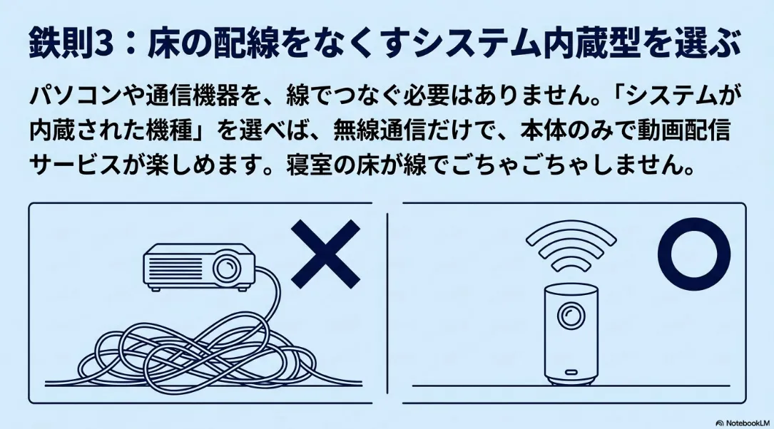 鉄則3:床の配線をなくす、動画配信システム内蔵型のプロジェクターを選ぶ