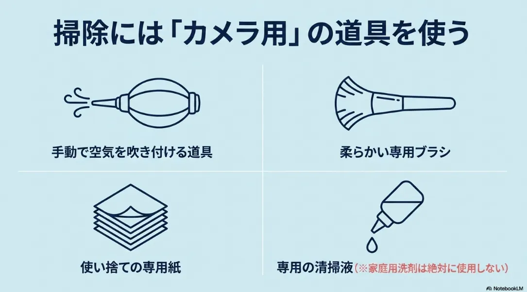 プロジェクターの掃除にはカメラ用のブロアー、ブラシ、専用紙、清掃液を使う