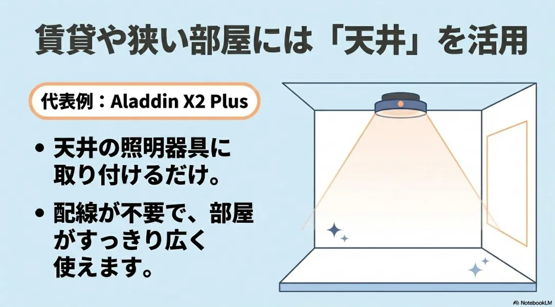 賃貸や狭い部屋には天井の照明器具に取り付けるAladdin X2 Plusなどのプロジェクターが適していることを説明するスライド
