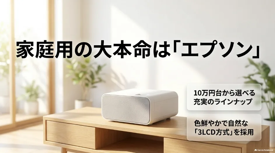 家庭用プロジェクターの有力候補であるエプソンと色鮮やかな3LCD方式の特徴を紹介するスライド