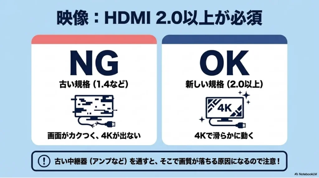 映像にはHDMI 2.0以上が必須。古い規格と新しい規格の比較