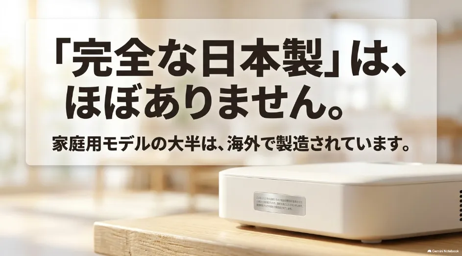 完全な日本製プロジェクターは少なく家庭用モデルの多くが海外で製造されていることを示すスライド