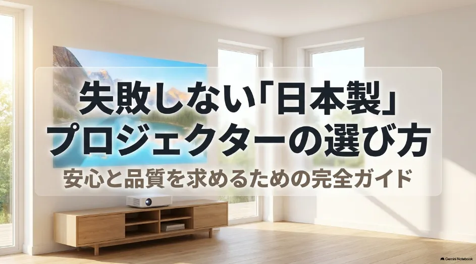 日本製プロジェクターを安心感と品質から選ぶためのポイントを紹介するスライド