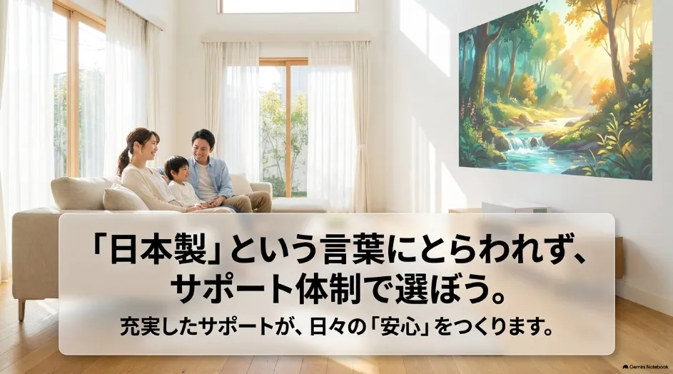 日本製という言葉だけにこだわらず国内サポート体制を重視してプロジェクターを選ぶことを伝えるまとめスライド
