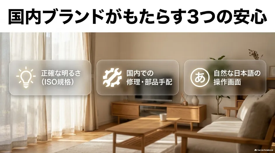 日本メーカーのプロジェクターを選ぶメリットとして正確な明るさ・国内修理・日本語操作画面を示すスライド