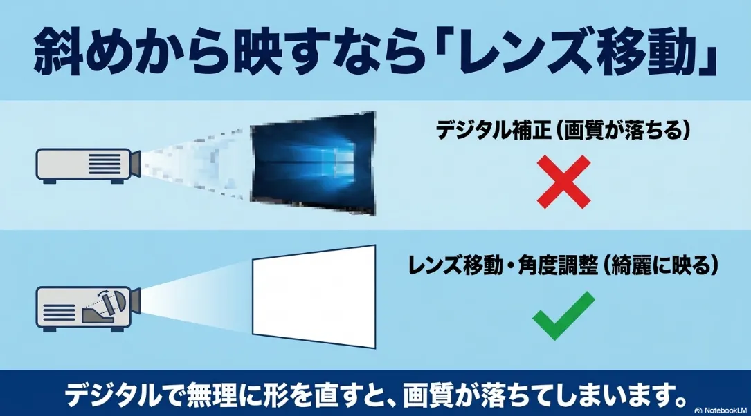 斜めから綺麗に映すためのレンズ移動や角度調整