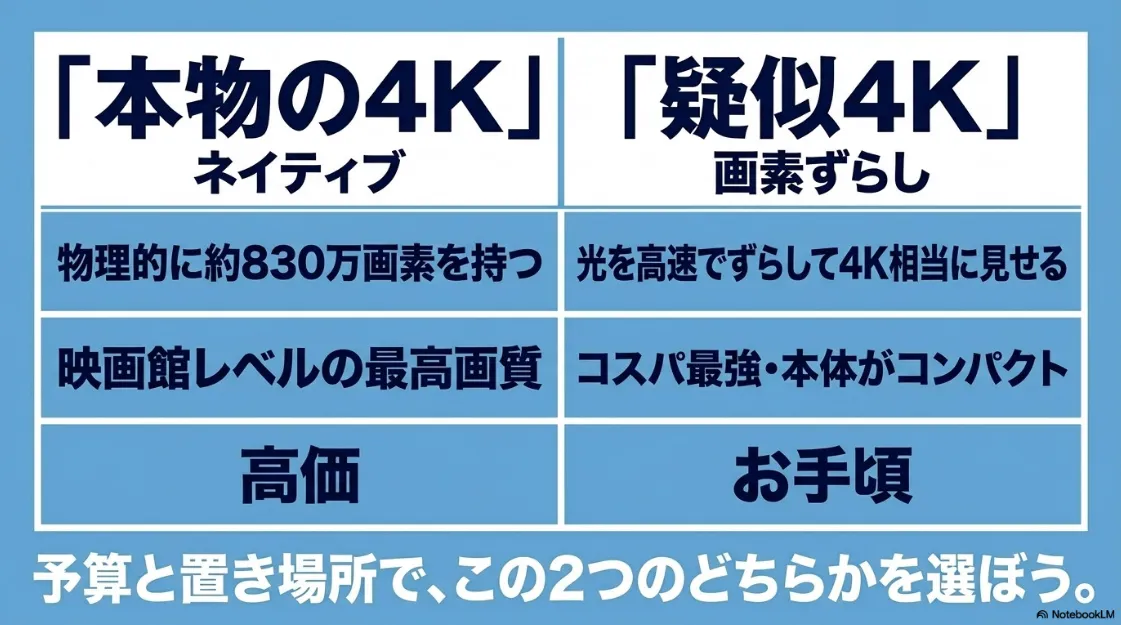 本物の4K(ネイティブ)と疑似4K(画素ずらし)の違い 。予算と置き場所での選び方 。