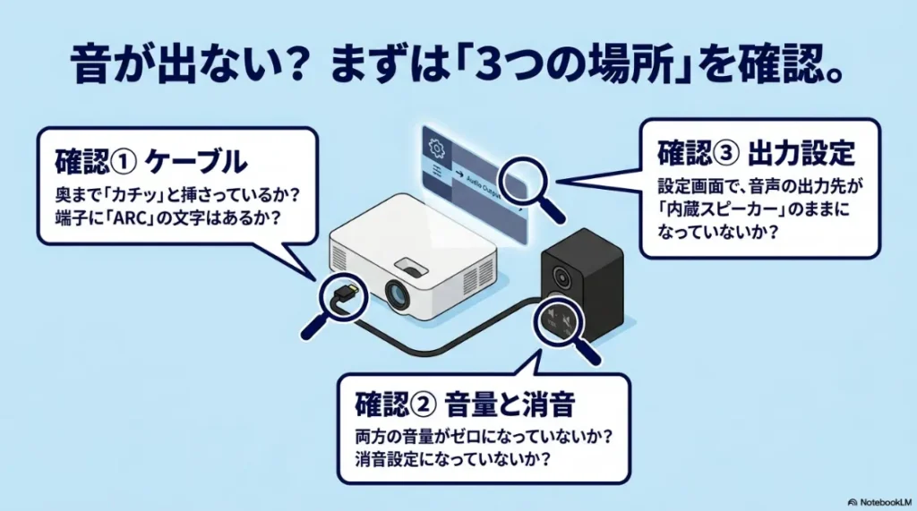 音が出ない時に確認すべき3つの場所（ケーブル、音量と消音、出力設定）