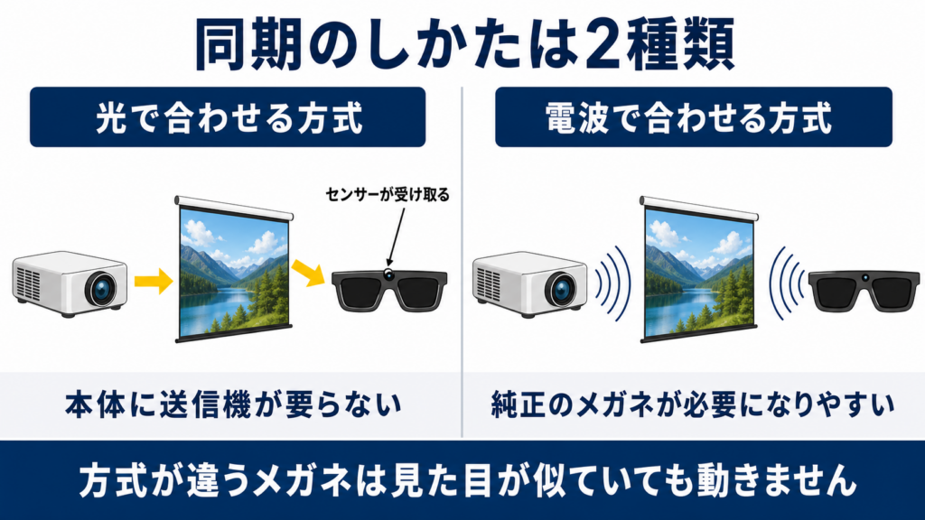 光で同期する方式と電波で同期する方式を比べた図