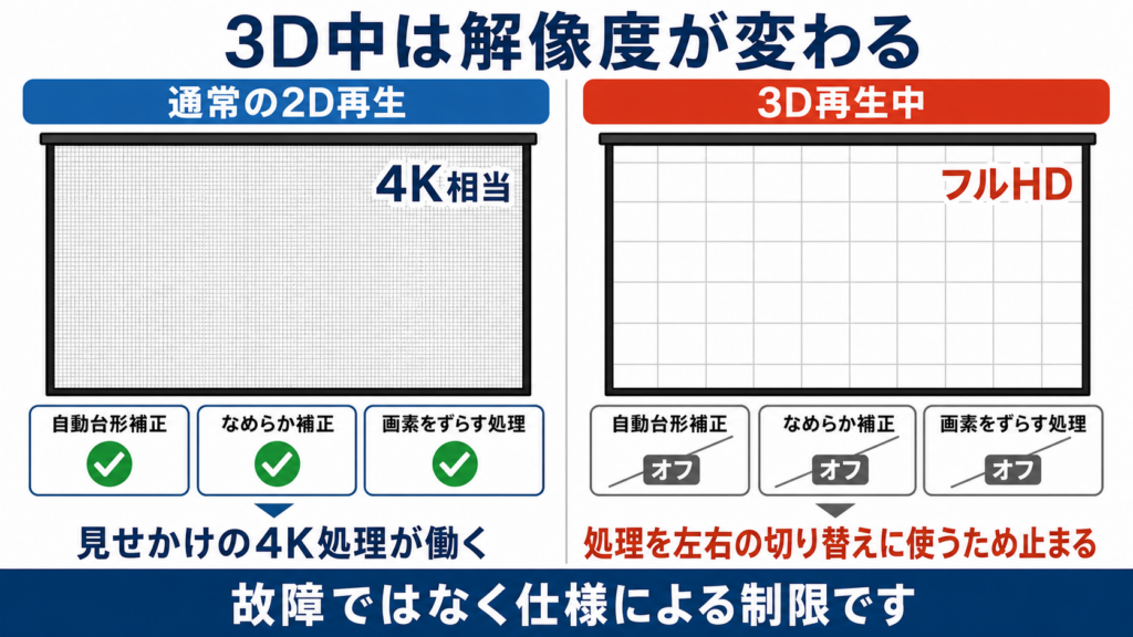 通常再生と3D再生で解像度と補正機能の扱いが変わることを示した図