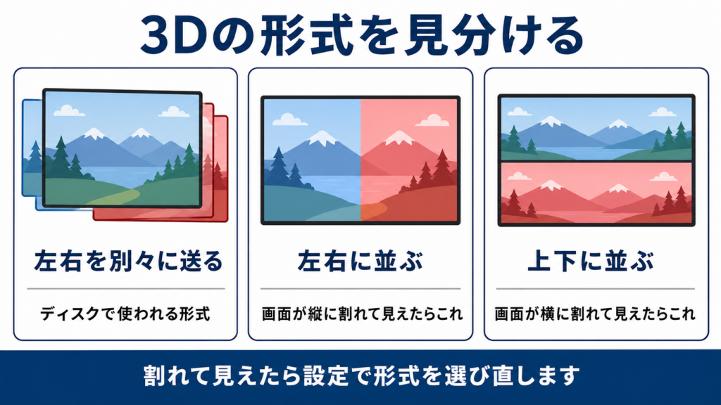 3D映像の3つの形式と画面の見え方の違いを並べた図
