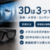 暗い部屋のテーブルに置かれた3Dメガネと投影中のプロジェクターのバナー